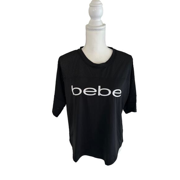 Bebe Sport Crop Top Relaxed Fit Black Shirt Spellout Logo Mesh Panel Size Medium - Picture 3 of 15
